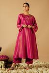 Buy_Tangerine by ASFA_Pink Tissue Embroidered Sequin V-neck Gota Lace Kurta With Pant _at_Aza_Fashions