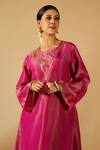 Buy_Tangerine by ASFA_Pink Tissue Embroidered Sequin V-neck Gota Lace Kurta With Pant 