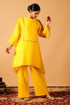 Buy_Tangerine by ASFA_Yellow Chanderi Silk Embroidered Gota Lace Boat Asymmetric Kurta With Pant _at_Aza_Fashions