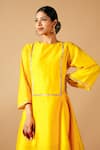 Buy_Tangerine by ASFA_Yellow Chanderi Silk Embroidered Gota Lace Boat Asymmetric Kurta With Pant _Online_at_Aza_Fashions