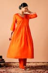 Buy_Tangerine Tiger_Orange Chanderi Silk Embroidered Gota Lace V-neck Flared A-line Kurta With Pant _at_Aza_Fashions