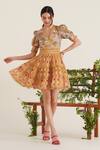 Buy_Sunandini_Yellow Cotton, Viscose Embroidery V-neck Jane Floral Checkered Print Dress _at_Aza_Fashions