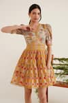 Shop_Sunandini_Yellow Cotton, Viscose Embroidery V-neck Jane Floral Checkered Print Dress _Online_at_Aza_Fashions