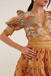 Sunandini_Yellow Cotton, Viscose Embroidery V-neck Jane Floral Checkered Print Dress _at_Aza_Fashions