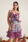 Sunandini_Purple 100% Cotton Printed Abstract Sweetheart Leila Short Dress _at_Aza_Fashions