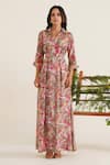 Buy_Sunandini_Pink 100% Cotton Printed Floral Collared Oprah Maxi Dress _Online_at_Aza_Fashions