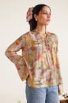 Shop_Sunandini_Multi Color 100% Cotton Printed Floral Notched Pintucked Top _at_Aza_Fashions