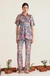 Shop_Sunandini_Purple 100% Cotton Printed Floral Collared Shirt And Pant Set _Online_at_Aza_Fashions