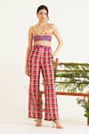 Buy_Sunandini_Pink 100% Viscose Georgette Printed Checkered Color Blocked Bralette And Pant Set _at_Aza_Fashions