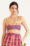 Shop_Sunandini_Pink 100% Viscose Georgette Printed Checkered Color Blocked Bralette And Pant Set _at_Aza_Fashions