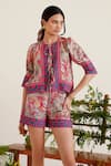 Buy_Sunandini_Pink 100% Cotton Printed Floral Round Zaha Top And Shorts Set _Online_at_Aza_Fashions