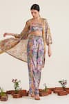 Buy_Sunandini_Purple 100% Cotton Printed Floral Jacket Open Zora Lace Work Pant Set _Online_at_Aza_Fashions