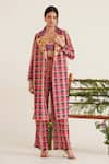 Sunandini_Fuchsia 100% Viscose Georgette Checkered Coat Lapel Ada Colour Block Pant Set _Online_at_Aza_Fashions