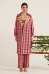 Buy_Sunandini_Fuchsia 100% Viscose Georgette Checkered Lapel Collar Ada Colour Block Coat _Online_at_Aza_Fashions