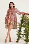 Buy_Sunandini_Pink 100% Cotton Printed Floral Mandarin Collar Cerci High-low Tunic Dress _at_Aza_Fashions