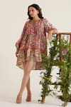 Sunandini_Pink 100% Cotton Printed Floral Mandarin Collar Cerci High-low Tunic Dress _Online_at_Aza_Fashions