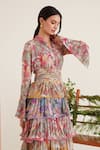 Sunandini_Multi Color 100% Cotton Printed Floral Mandarin Coco Blouse With Tiered Skirt _at_Aza_Fashions