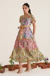 Buy_Sunandini_Multi Color 100% Cotton Printed Floral Mandarin Collar Florence Tiered Dress _Online_at_Aza_Fashions