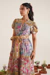 Sunandini_Multi Color 100% Cotton Printed Floral Mandarin Collar Florence Tiered Dress _at_Aza_Fashions