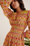 Shop_Sunandini_Yellow 100% Viscose Georgette Printed Checkered V-neck Greda Dress _Online_at_Aza_Fashions