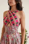 Sunandini_Pink 100% Cotton Printed Checkered Cross Neck Harriet Colour Block Dress _at_Aza_Fashions