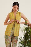 Sunandini_Green 100% Cotton Printed Checkered V-neck Hera Reversible Jacket With Pant _Online_at_Aza_Fashions