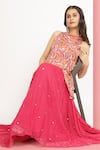 Shop_Bha sha_Magenta Tunic Modal Satin Print Floral Band Alina Asymmetric With Lehenga _Online_at_Aza_Fashions