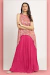 Bha sha_Magenta Tunic Modal Satin Print Floral Band Alina Asymmetric With Lehenga _at_Aza_Fashions