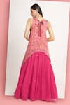 Shop_Bha sha_Magenta Tunic Modal Satin Print Floral Band Alina Asymmetric With Lehenga _at_Aza_Fashions