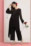 Bha sha_Black Tunic Georgette Embroidery Floral Round Archana A-line With Pant _at_Aza_Fashions