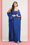 Buy_Bha sha_Blue Bustier Dupion Embroidery Bahar Kaftan Style Cape And Draped Skirt Set _at_Aza_Fashions