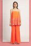 Bha sha_Orange Crepe Embroidery Floral Square Hridiya Sequin Flared Tunic With Pant _Online_at_Aza_Fashions