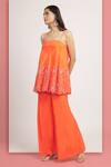 Shop_Bha sha_Orange Crepe Embroidery Floral Square Hridiya Sequin Flared Tunic With Pant _Online_at_Aza_Fashions