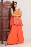 Buy_Bha sha_Orange Crepe Embroidery Floral Square Hridiya Sequin Flared Tunic With Pant 