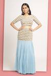 Bha sha_Blue Blouse Dupion Embroidery Sequins Mishika Chevron Fishcut Lehenga Set _Online_at_Aza_Fashions