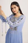 Bha sha_Blue Kurta Georgette Embroidery Mirror Round Rashi Ruffle Hem With Pant _at_Aza_Fashions