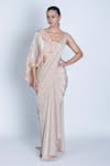 Buy_ORU PRET_Peach Shimmer Pleated Hand Embroidered Sequin One Pre-draped Saree With Blouse _at_Aza_Fashions