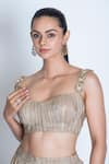 Buy_ORU PRET_Gold Shimmer Pleated Hand Embroidered 3d Floral Strap Bustier With Pant _Online_at_Aza_Fashions