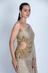 Buy_ORU PRET_Gold Shimmer Pleated Hand Embroidered 3d Leaf Asymmetric Kaftan _Online_at_Aza_Fashions