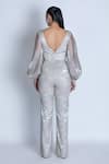 Shop_ORU PRET_Silver Shimmer Crepe Plunge V Neck Jumpsuit With Belt _at_Aza_Fashions