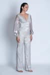 ORU PRET_Silver Shimmer Crepe Plunge V Neck Jumpsuit With Belt _Online_at_Aza_Fashions