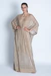 Buy_ORU PRET_Gold Shimmer Pleated Hand Embroidered Crystals V Neck Kaftan _at_Aza_Fashions