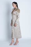 Buy_ORU PRET_Gold Satin Hand Embroidered 3d Leaf Collared Shoulder Trench Coat Dress _at_Aza_Fashions