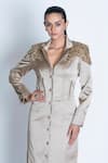 ORU PRET_Gold Satin Hand Embroidered 3d Leaf Collared Shoulder Trench Coat Dress _Online_at_Aza_Fashions