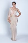 Buy_ORU PRET_Peach Shimmer Pleated Hand Embroidered Pre-draped Saree With Asymmetric Blouse _at_Aza_Fashions