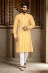 Buy_Arihant Rai Sinha_Yellow Banaras Chanderi Woven Floral Stripe Pattern Kurta _at_Aza_Fashions