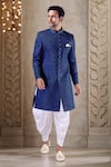 Buy_Aryavir Malhotra_Blue Sherwani Velvet Embroidery Floral Jaal With Dhoti Pant _at_Aza_Fashions