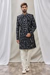 Buy_Aryavir Malhotra_Black Art Banarasi Silk Embroidered Floral Sherwani Set 