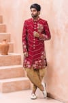 Buy_Aryavir Malhotra_Maroon Art Banarasi Silk Embroidered Floral Sherwani Set _at_Aza_Fashions