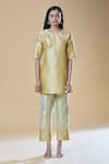 Samyukta Singhania_Gold Brocade Woven Floral Round Solid Short Kurta With Pant _Online_at_Aza_Fashions